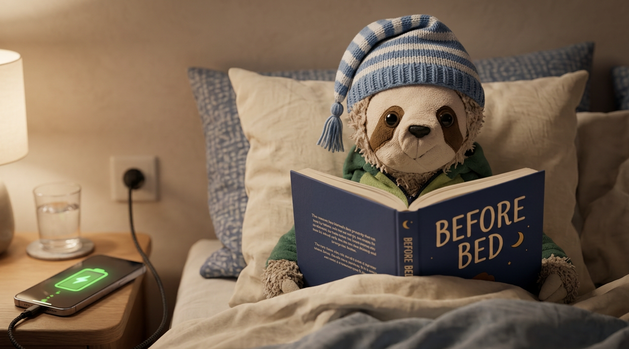 Corn reading in bed with a nightcap