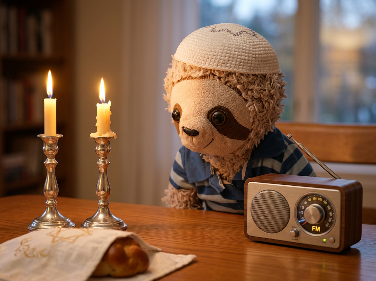 Corn with Shabbat candles and a radio