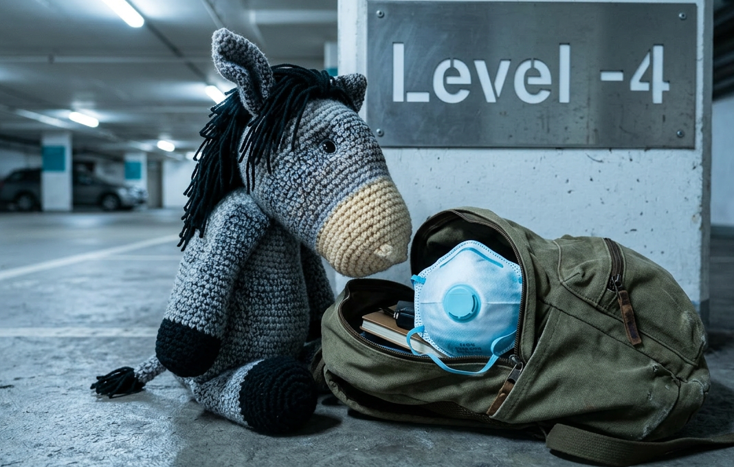 Herman with his go-bag in a parking garage