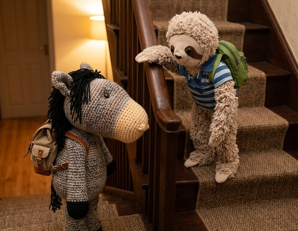 Corn and Herman heading downstairs with backpacks